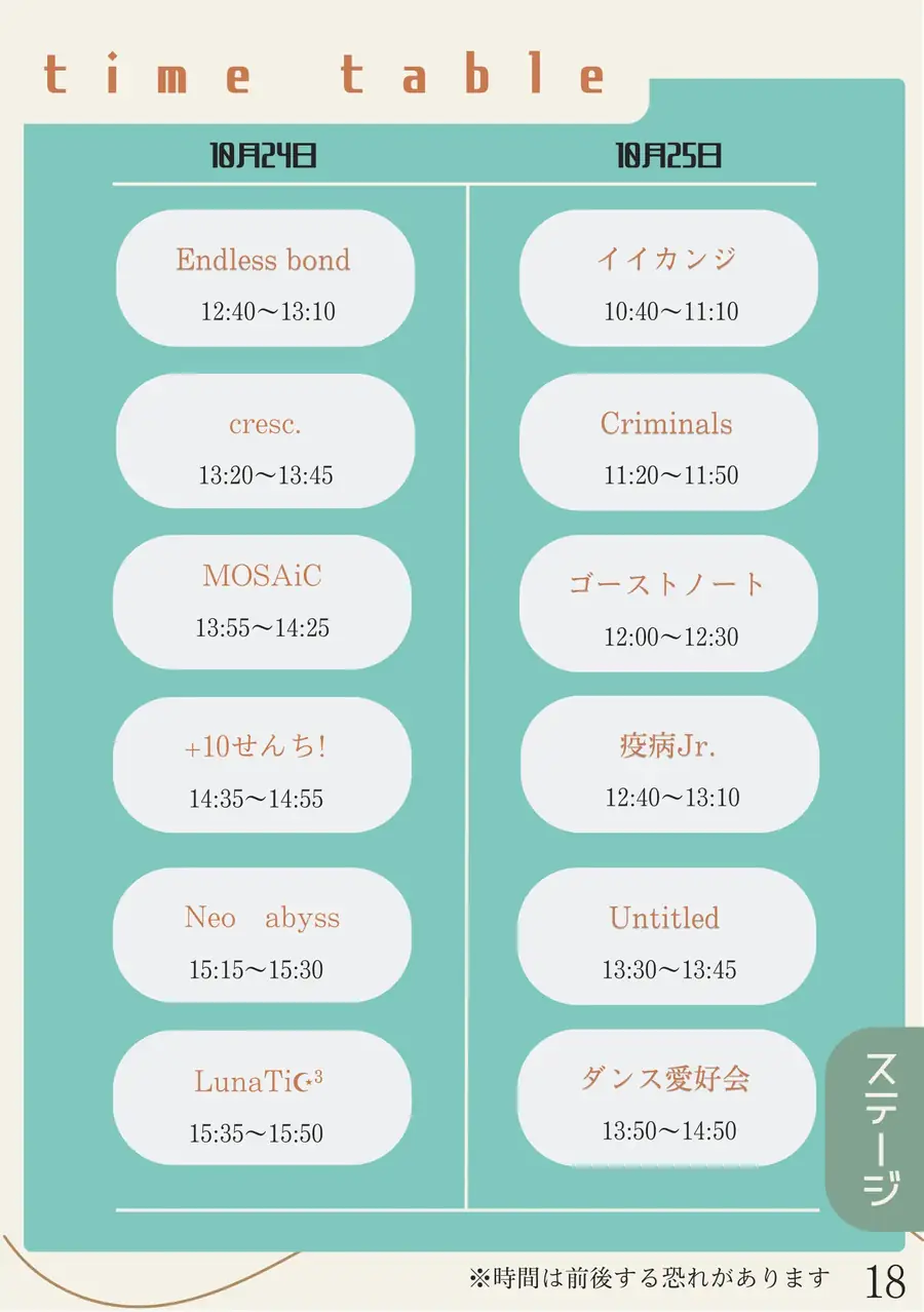 パンフレット 19ページ目 ステージ タイムテーブル